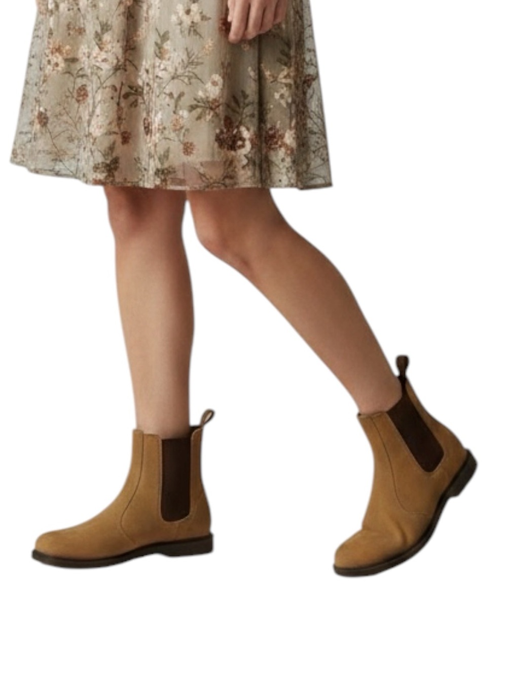 Dr. Martens Flora Suede Chelsea Pull On 
Biscuit Tan Hi Suede Almond-Toe Boots